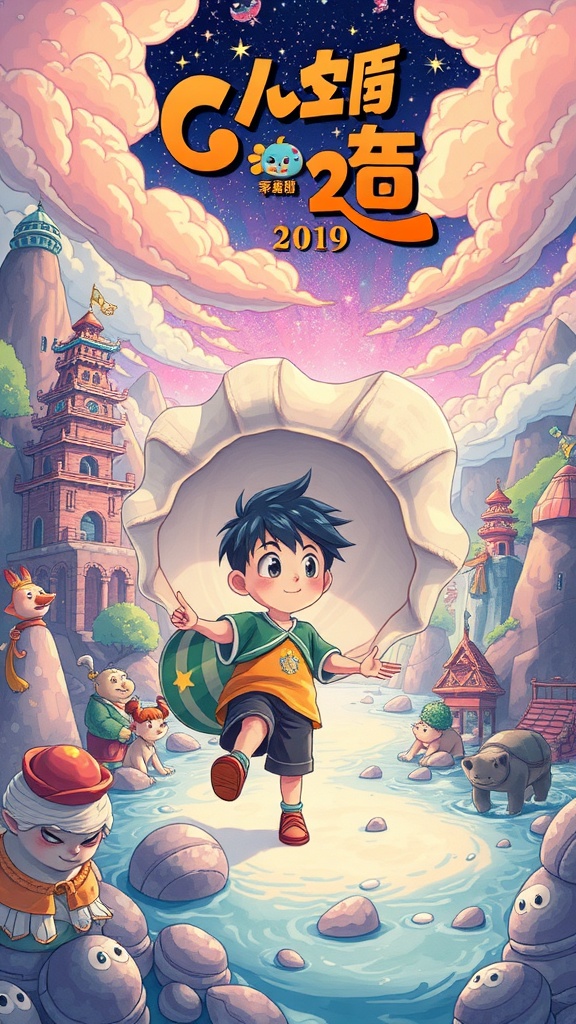 Illustration of Clam Boy transforming into a clam in a colorful fantasy landscape.